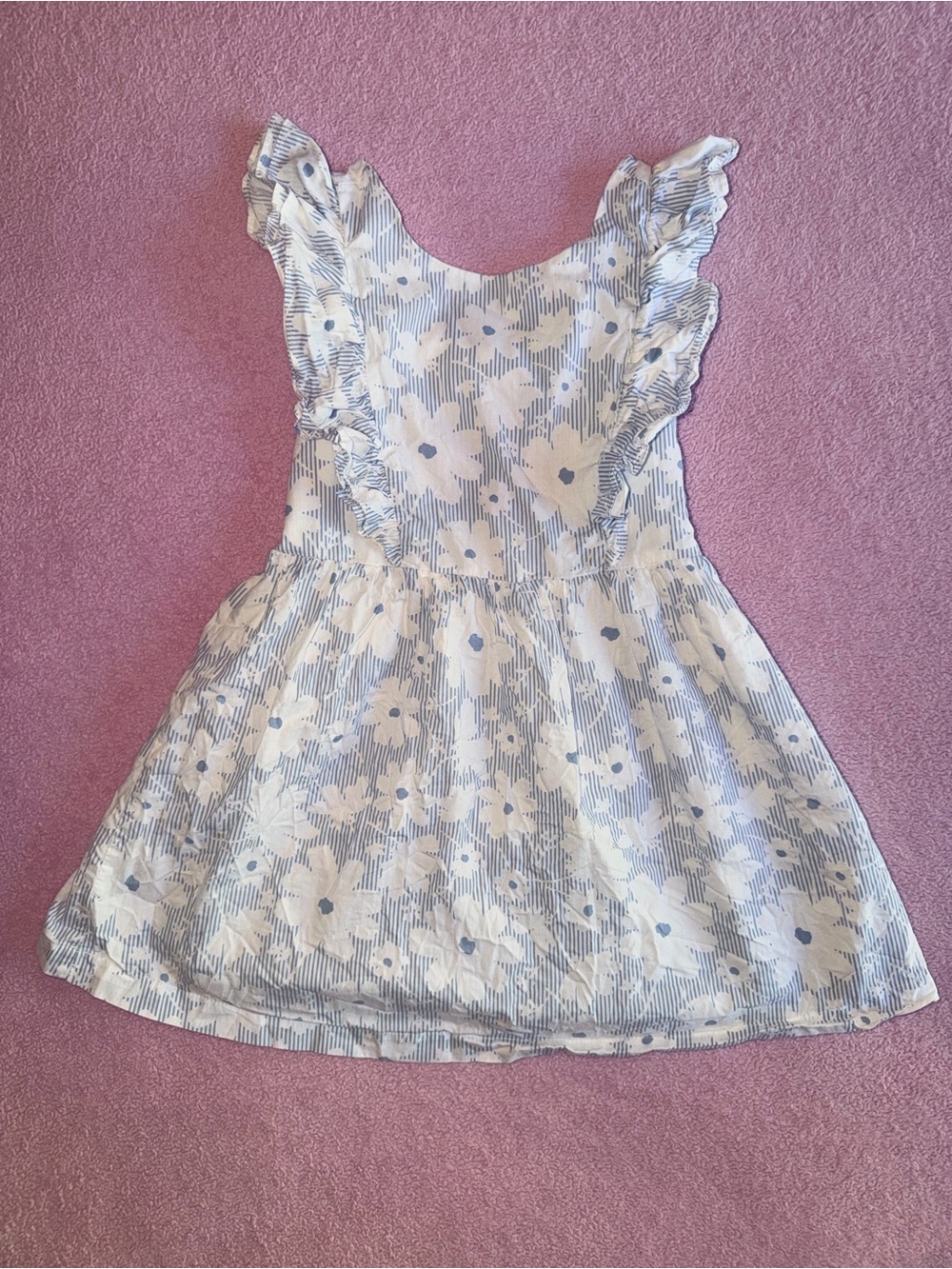 btween White Dress with Blue Floral Print and Ruffle Sleeves